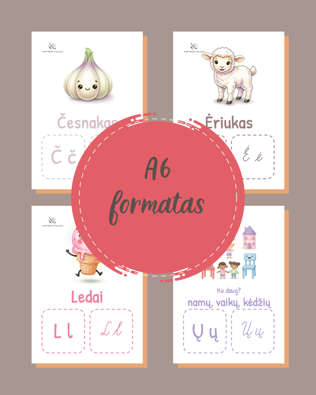 32 plakatų rinkinys „Raidės nuo A iki Ž“ (A4 / A5 / A6)