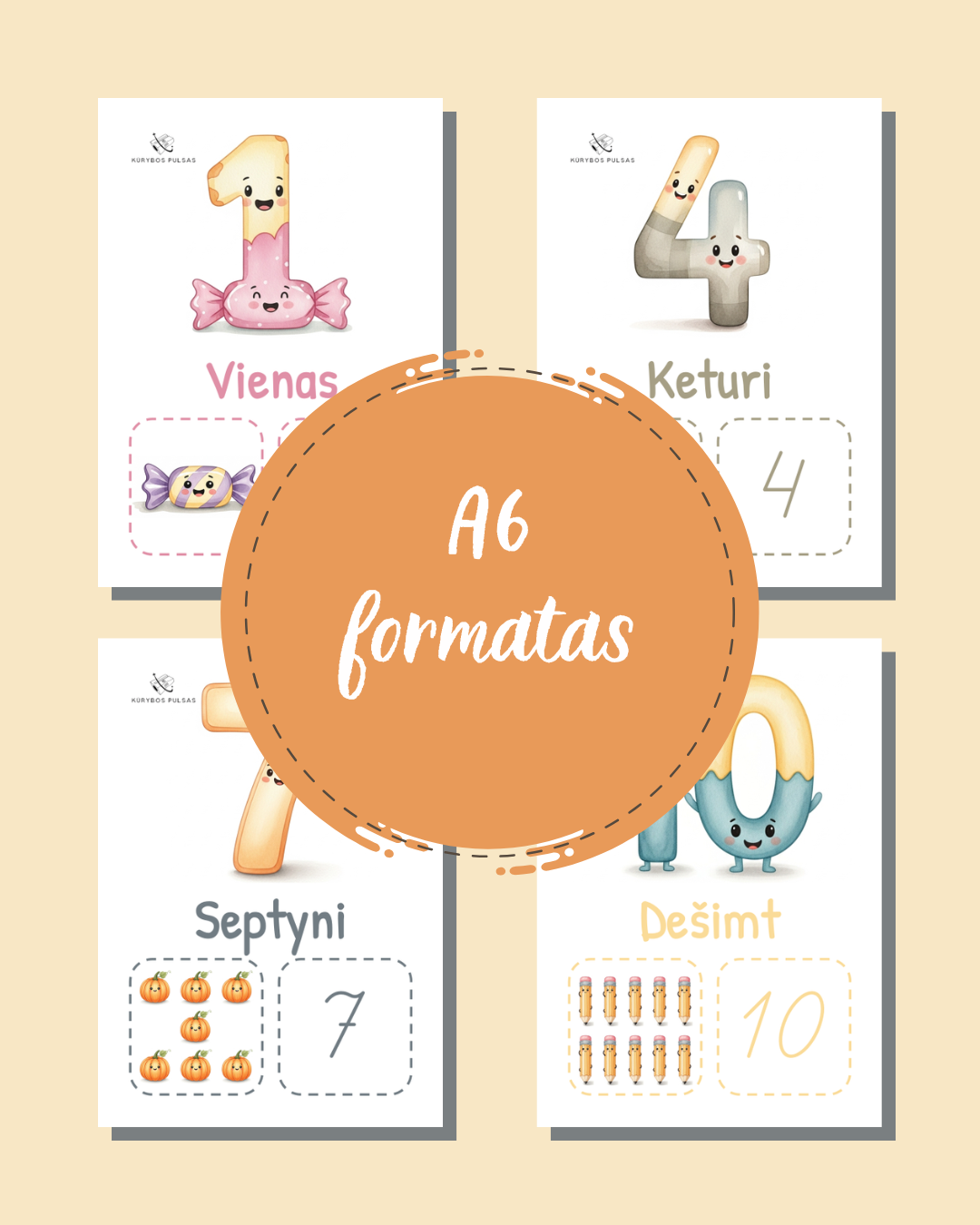 11 plakatų rinkinys „Skaičiai nuo 0 iki 10“