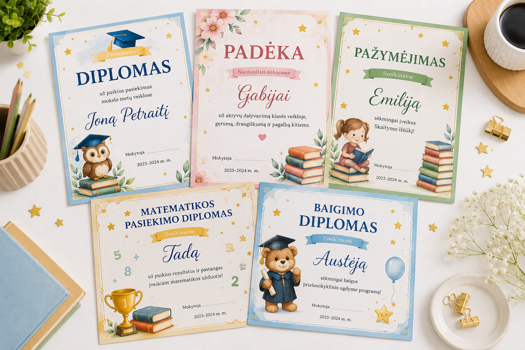 Individualus maketavimas: diplomai, padėkos, pažymėjimai, kvietimai ir kt.