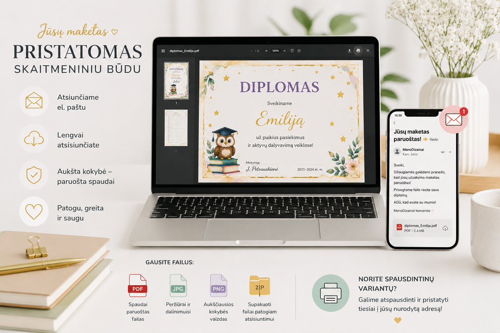 Individualus maketavimas: diplomai, padėkos, pažymėjimai, kvietimai ir kt.