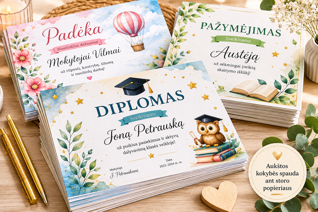 Individualus maketavimas: diplomai, padėkos, pažymėjimai, kvietimai ir kt.
