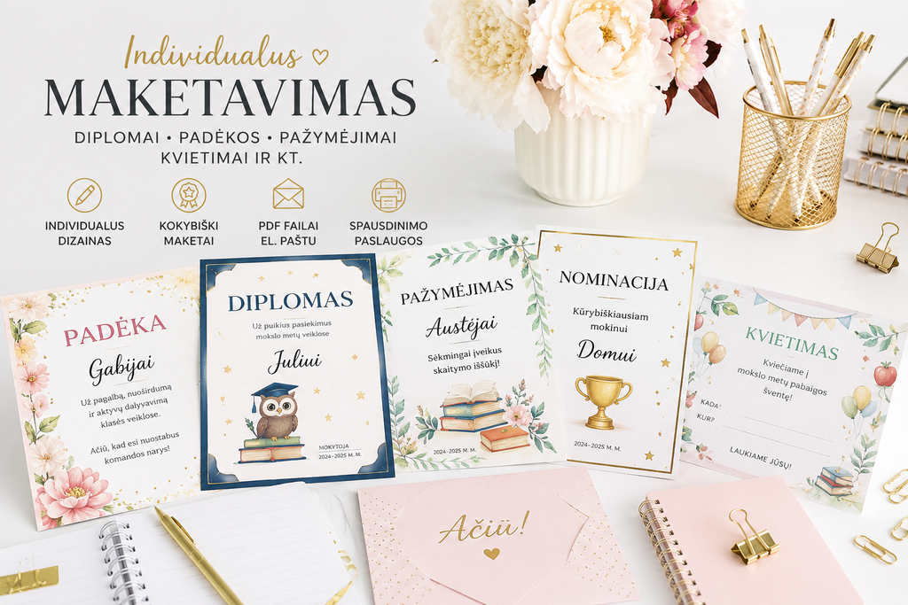 Individualus maketavimas: diplomai, padėkos, pažymėjimai, kvietimai ir kt.