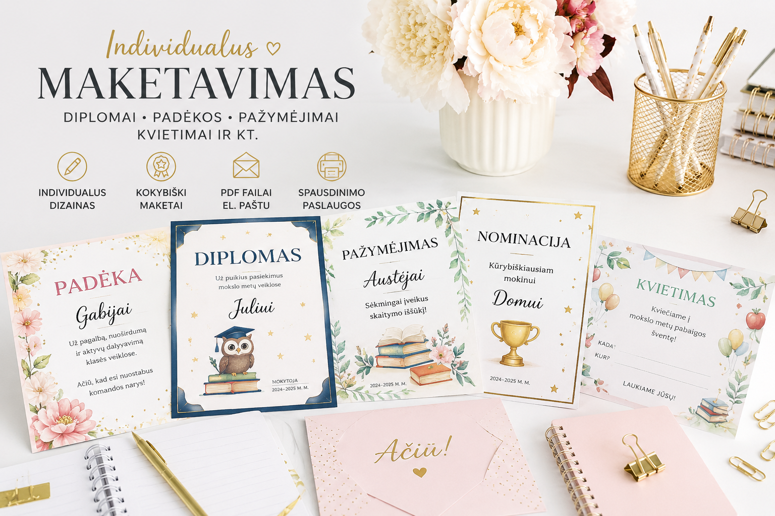 Individualus maketavimas: diplomai, padėkos, pažymėjimai, kvietimai ir kt.
